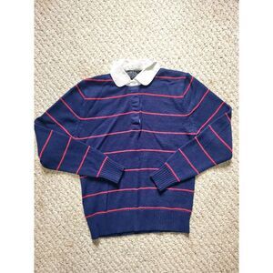Vintage 70s Sweater‎ Striped Collared Knit Knitivo M Navy Red Button Up Preppy
